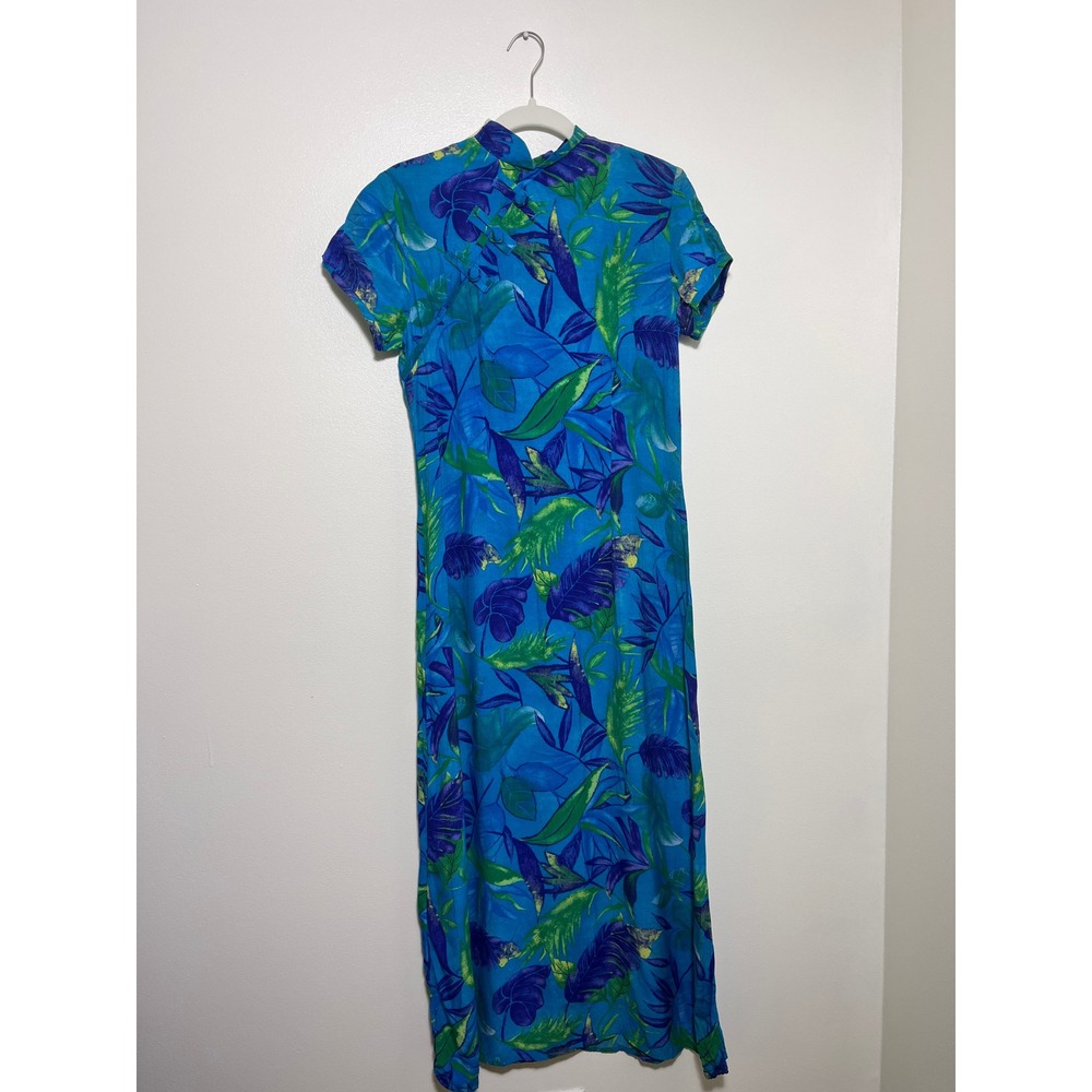 Sheri Martin New York Vintage Blue Tropical Leaf Mandarin Collar Maxi